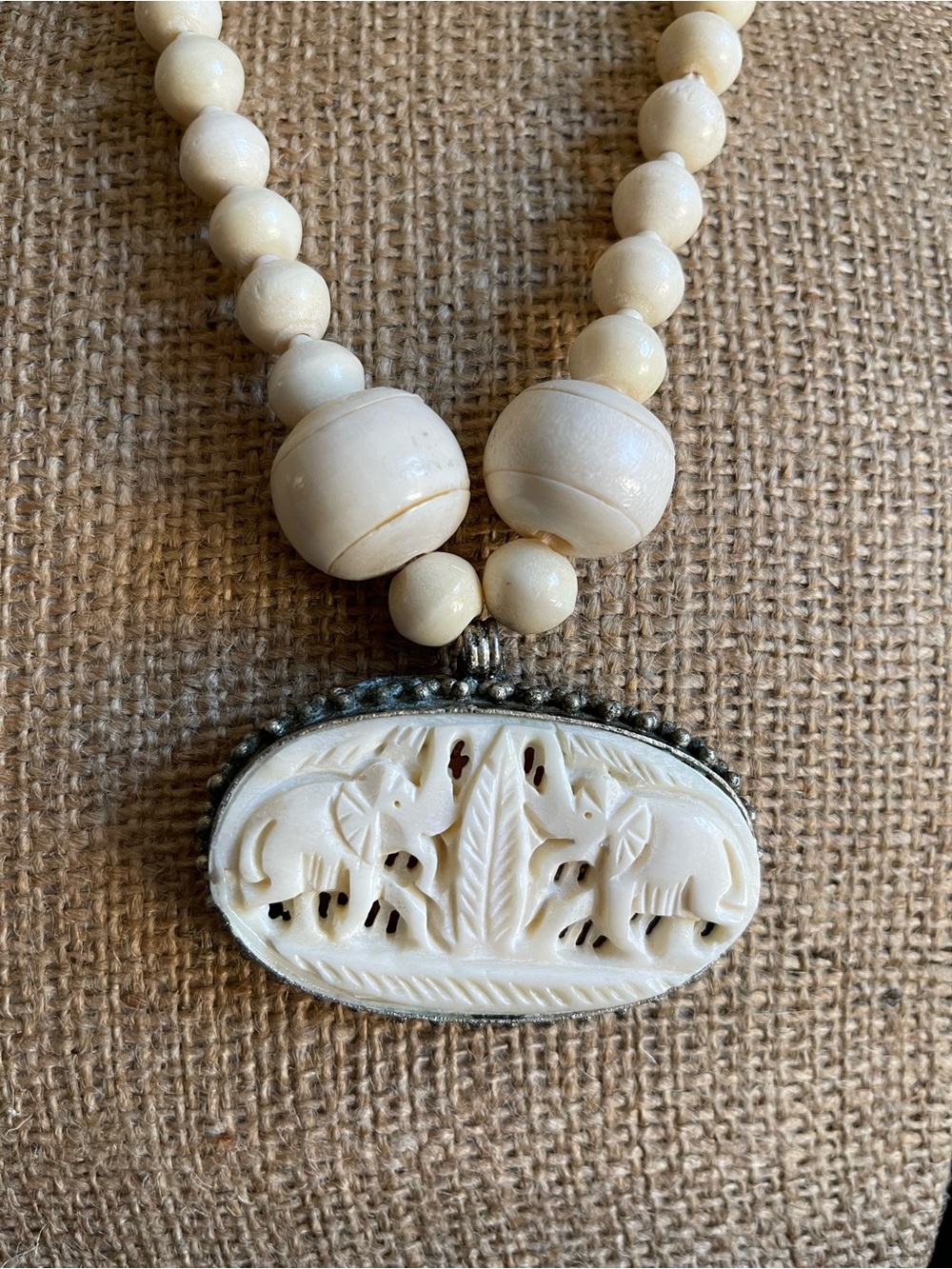 Vintage Carved bone Elephant Pendant Beaded Necklace